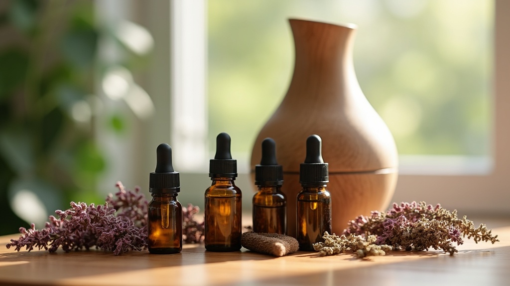 A still life arrangement of various essential oil bottles, a diffuser, and dried herbs on a wooden table, surrounded by natural light.